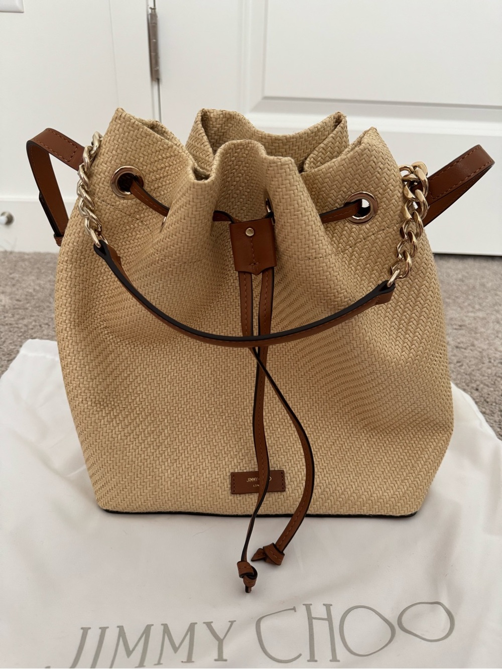 JIMMY CHOO Juno Raffia Bucket Bag